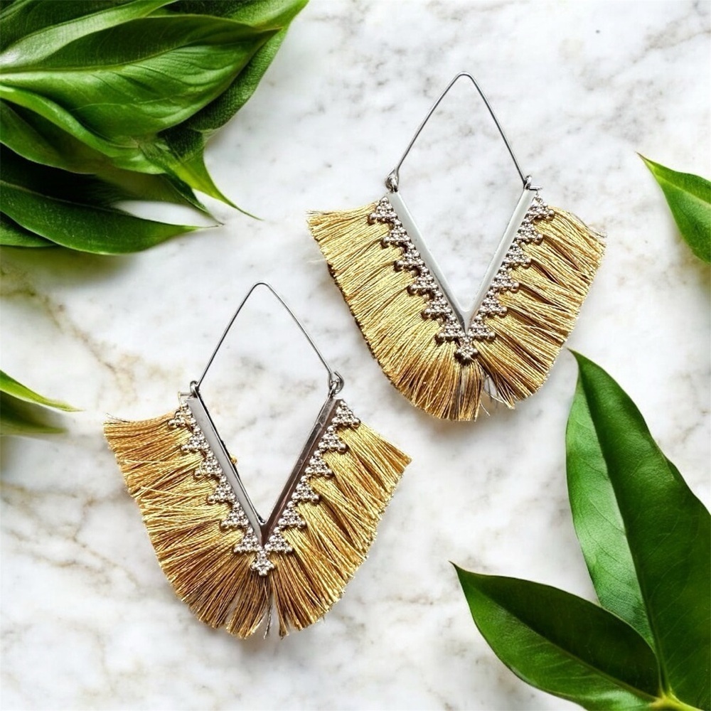 Gold Chevron Tassel Earrings on Gold Tone Boho Aztec Southwestern Festival